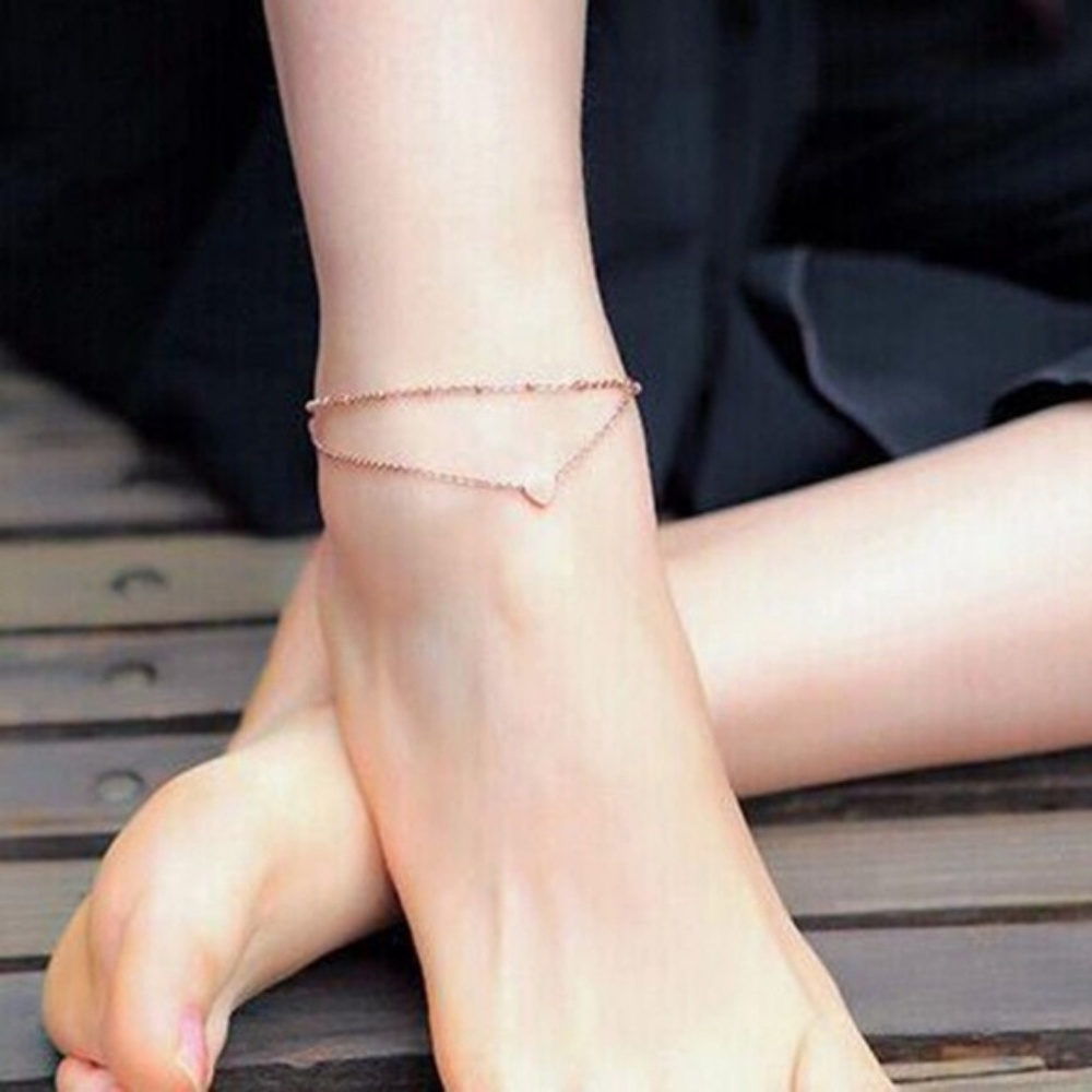 Ball Chain Gold Heart Dainty Layered Anklet - Picture 3 of 5